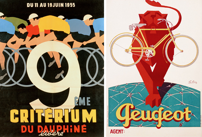 Left: Advertisement for the 9th 'Criterium du Dauphine Libere' cycling race of 1955, French School  Right: Advertisement for Peugeot, printed by Affiches Gaillard, Paris, c.1934 by G. Faire