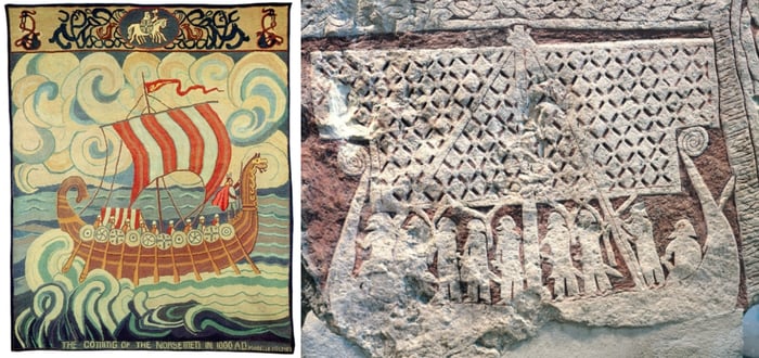 Left: The Coming of the Norsemen in 1000 AD, tapestry designed and made by Mabelle Linnea Holmes Right: Detail of a picture stone depicting a Viking ship, from the Isle of Gotland (stone), Viking, (9th century) / Historiska Museet, Stockholm, Sweden