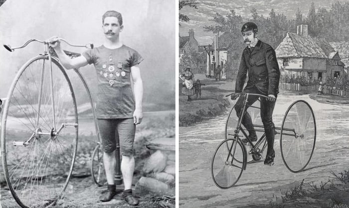 Left: Tom Monagan, Dallas Historical Society,Texas, USA Right: The Cripper tricycle introduced in 1887. Engraving 1887.