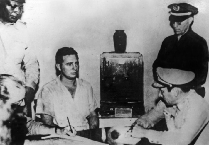 Fidel Castro during his interrogation after the attack of the Moncada barracks in Santiago de Cuba, 26th July 1953 (b/w photo)