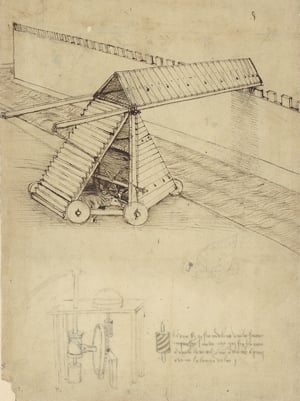 Siege machine with horizontal bridge (for crossing walls of the enemy fortress) from Atlantic Codex (Codex Atlanticus) by Leonardo da Vinci / Veneranda Biblioteca Ambrosiana / Bridgeman Images