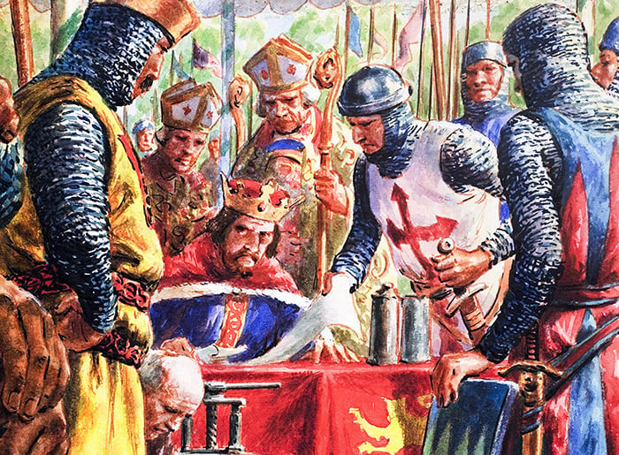  Signing the Magna Carta (gouache on paper) by Doughty, C.L. (1913-85); Private Collection; (add.info.: King John of England (1167-1216);); ¬© Look and Learn; British, out of copyright