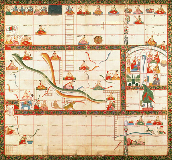 ASC70952 Snakes and Ladders - the path to heaven or hell, mid 18th century by .; Â© Royal Asiatic Society, London, UK; PERMISSION REQUIRED FOR NON EDITORIAL USAGE; out of copyright PLEASE NOTE: The Bridgeman Art Library works with the owner of this image to clear permission. If you wish to reproduce this image, please inform us so we can clear permission for you.