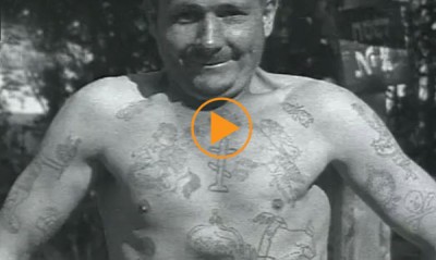 Solovki labor camp, USSR 1928, tattooed convicts pose for the camera /  © Film Images / Bridgeman Footage