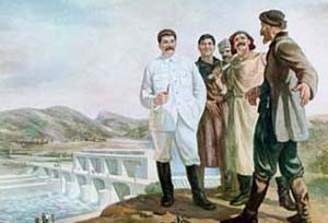 Stalin at the hydro-electric complex at Ryon in the Caucasus Mountains, 1935, reproduction of the original in 'Soviet Painting', 1939