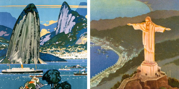 Left: Poster advertising Rio de Janeiro (colour litho), Shoesmith, Kenneth (1890-1939) / Private Collection Right: Statue of Christ the Redeemer illuminated at night, Rio de Janeiro (chromolitho), European School, (20th century) / Private Collection / © Look and Learn