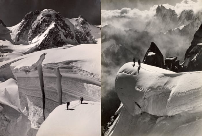 Left - Pierre Tairraz (1933-2000) Alpinists on the Glacier des Périades with Mont Mallet in the background, Chamonix, France Right - Georges Tairraz II (1900-1975) Two climbers traversing the Aiguille du Midi and Aiguille du Plan, Chamonix, France