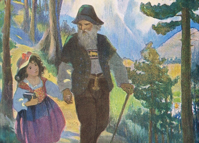 The Bells were ringing in every direction now, sounding louder and fuller as they neared the valley, illustration from 'Heidi' (colour litho) by Wilcox-Smith, Jessie (1863-1935); Private Collection; American, it is possible that some works by this artist may be protected by third party rights in some territories possible copyright restrictions apply, consult national copyright laws