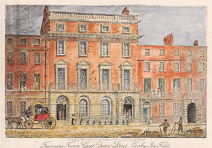 The Freemason's Tavern, 1863 (colour litho) by English School, (19th century); National Football Museum, Manchester, UK; (add.info.: the site of the formation of the Football Association; Queen Street, Lincoln Inn Fields, London;); English, out of copyright