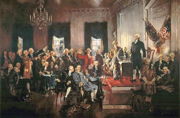 The Signing of the Constitution of the United States in 1787, 1940 (oil on canvas), Howard Chandler Christy (1873-1952) / Hall of Representatives, Washington D.C., USA / Bridgeman Images