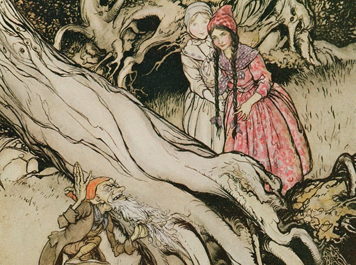 The end of his beard was caught in a tree, illustration from 'Snow White and Rose Red', from Fairy Tales of the Brothers Grimm, 1900 by Arthur Rackham