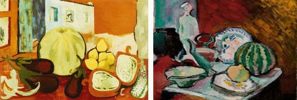 Left: Fruit in Albatax, 1956 by Mary Fedden (1915-2012) Right: Still Life with Melon, 1905 by Henri Matisse (1869-1954)