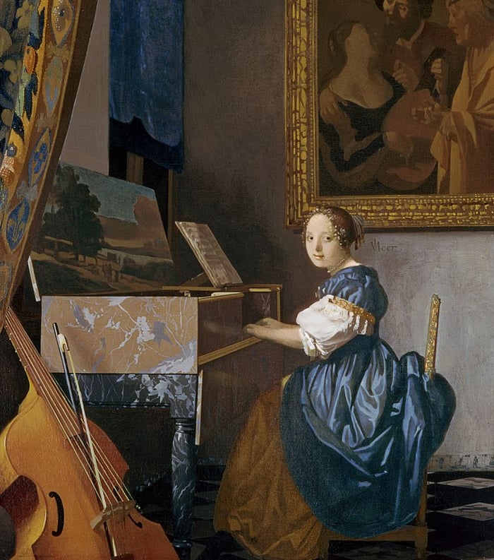 A Young Lady Seated at a Virginal, c.1670 (oil on canvas), Johannes Vermeer (1632-75) / National Gallery, London, UK