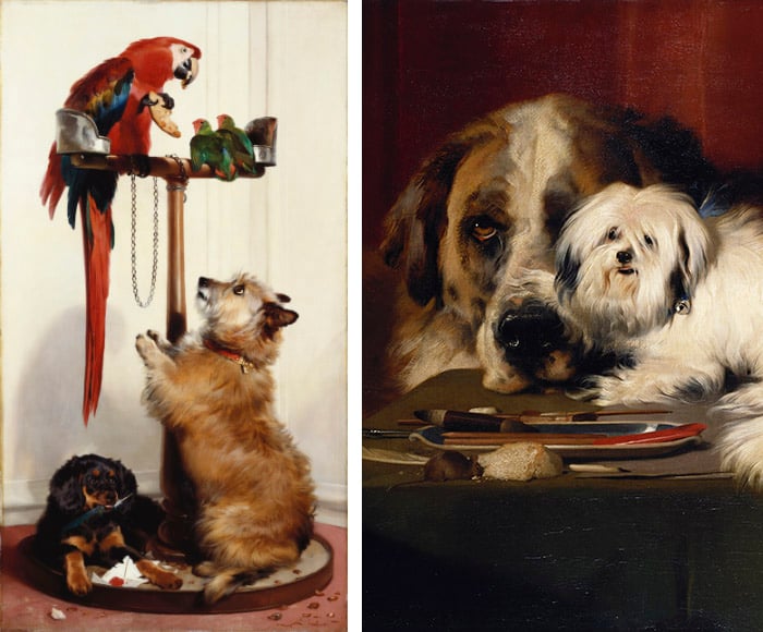 Left: Islay, Tilco, a macaw and two love-birds, 1839, Sir Edwin Landseer / Royal Collection Trust © Her Majesty Queen Elizabeth II, 2017 Right: Quiz, 1839, Sir Edwin Landseer / Royal Collection Trust © Her Majesty Queen Elizabeth II, 2017