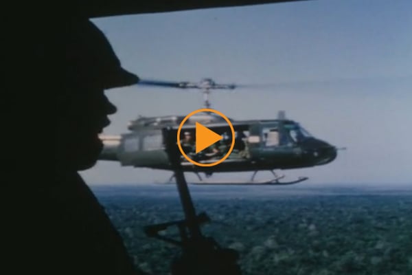 Vietnam War - Operation Big Spring, 1967 - US soldiers in helicopters, smoky battlefield, setting up mortar