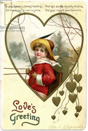 Boy in Red Jacket Holding Reins in Heart Frame, c.1913