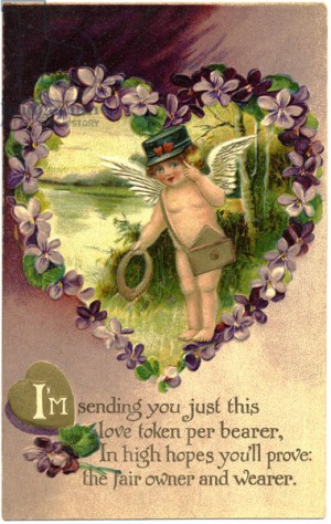 Cupid in Green Hat, "Love token", Postcard, c.1912 