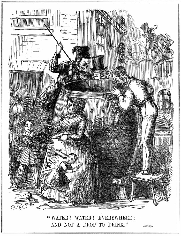 Water Water Everywhere: And not a drop to drink' Comment on London water supply during reappearance of cholera in 1848 and 1849. Cartoon from Punch, London, 1849, with a mis-quote from Coleridge Rhyme of the Ancient Mariner. Wood engraving / Universal History Archive/UIG