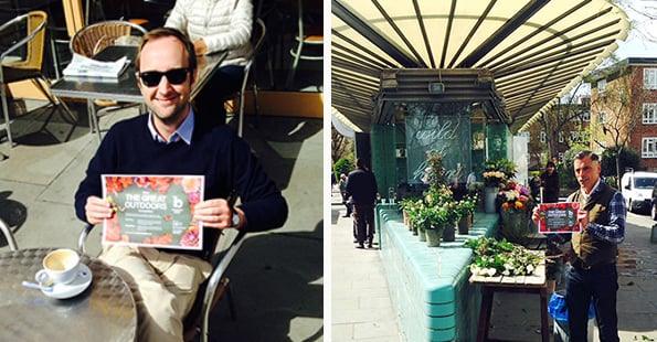 Left: John Moelwyn-Hughes with his #MyGreatOutdoors entry Right: Wild at Heart Flower shop on Portabello Market, UK 