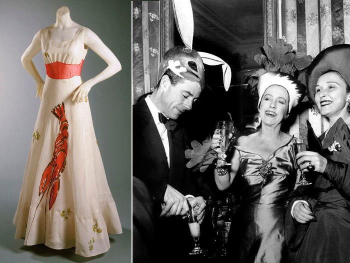 Left: Woman's Dress, February 1937 (silk organza & horsehair) by Elsa Schiaparelli, Philadelphia Museum of Art, Pennsylvania Right: Elsa Schiaparelli dressed as a Radish, March 24th 1949 Photo © AGIP