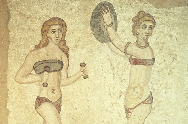 Women in 'bikinis', from the Room of the Ten Dancing Girls (mosaic) Villa Romana del Casale, Sicily