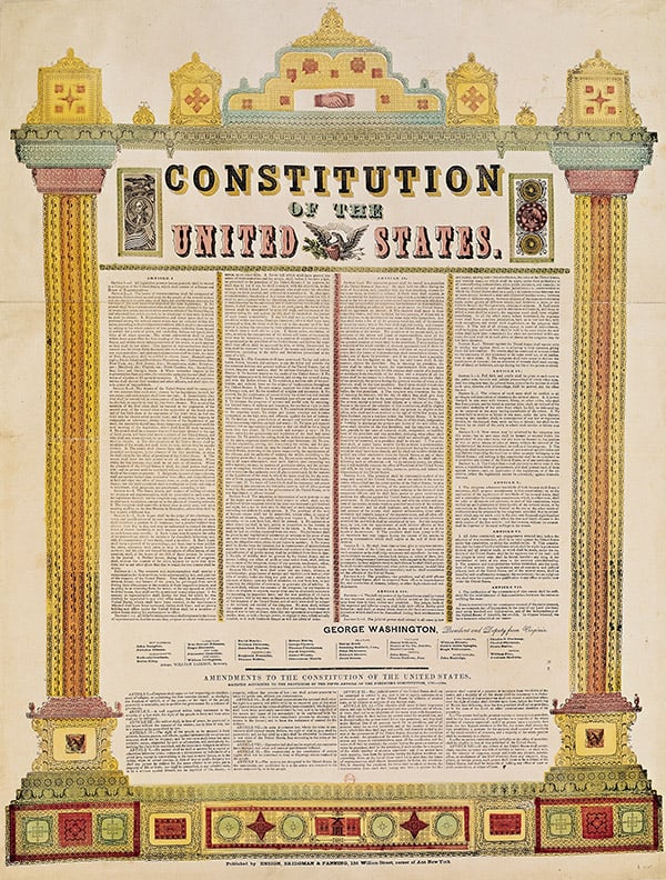 The Constitution of the United States of America (coloured engraving) by American School, (18th century); Bibliotheque Nationale, Paris, France