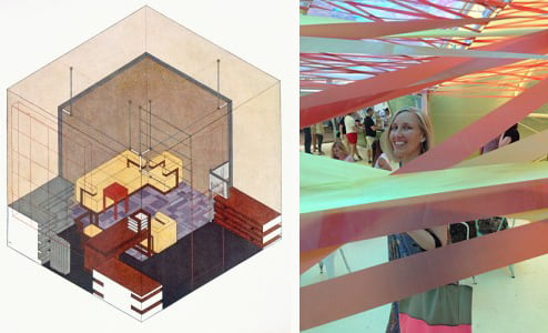 Left: Bauhaus Design (colour litho), German School / The Stapleton Collection Right: Yvonne Besser at the Serpentine Pavillon in 2015