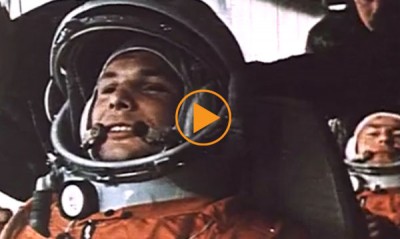 Yuri Gagarin boards the Vostok 1 for the launch of the first rocket into outer space. 12th April 1969 / Film Images / Bridgeman Footage