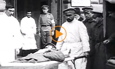 War victims on stretchers in Russia, WWI / Film Images / Bridgeman Footage