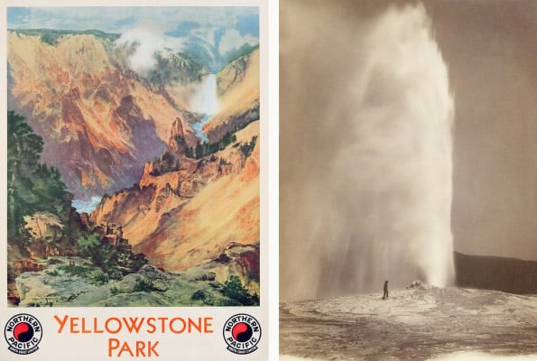 Left:  Yellowstone Park by Thomas Moran, 1934 (color litho)  / Private Collection / DaTo Images Right: Old Faithful by William Henry Jackson, 1870 (albumen print) / Private Collection / Photo © GraphicaArtis