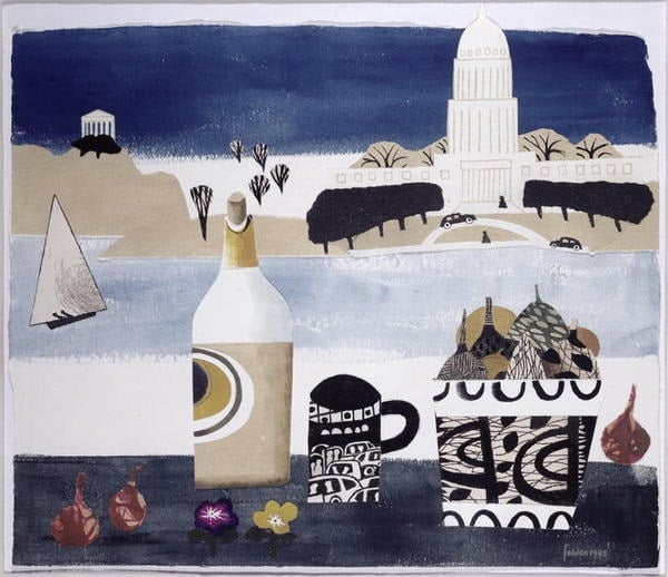 American Still Life, 1998 (w/c & collage) by Mary Fedden, Photo © Panter and Hall Fine Art, London