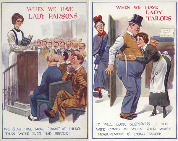 Left: When We Have Lady Parsons (colour litho), English School, (20th century) / Private Collection / © Look and Learn / Elgar Collection Right:     When We Have Lady Tailors (colour litho), English School, (20th century) / Private Collection / © Look and Learn / Elgar Collection / Bridgeman Images
