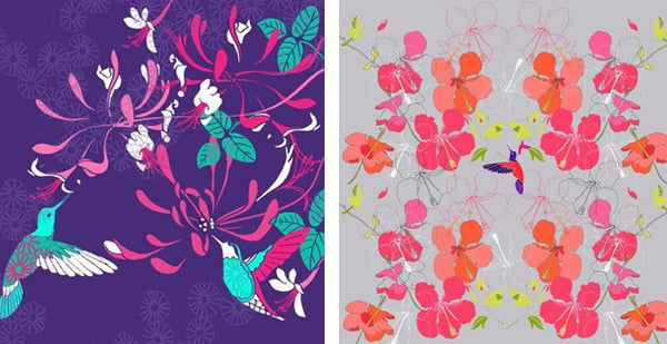 Left: Honeysuckle Birthday, 2013 (mixed media digital image), Anna Platts (Contemporary Artist) Right: Hibiscus Repeat, 2013 (oil on canvas), Anna Platts (Contemporary Artist)