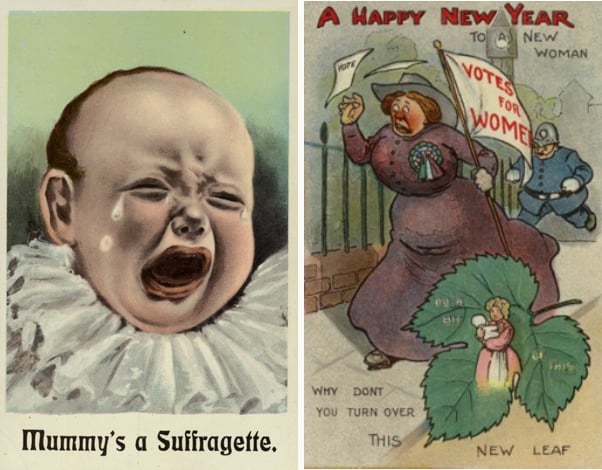 Left: Mummy's a Suffragette (colour litho), English School, (20th century) / Private Collection / © Look and Learn / Elgar Collection Right: A Happy New Year to a New Woman (colour litho), English School, (20th century) / Private Collection / © Look and Learn / Elgar Collectio