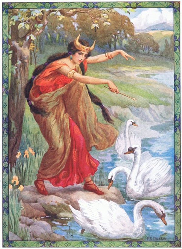  "Instead of the four children what did she behold" (from the Children of Lir) (colour litho), Theaker, Harry George (1873-1954) / Private Collection / Bridgeman Images