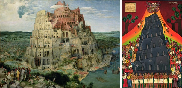 Left: Tower of Babel, 1563 (oil on panel), Pieter the Elder Bruegel (c.1525-69) / Kunsthistorisches Museum, Vienna, Austria Right: Babel Tower, 2002 (acrylic on canvas), Laura James (Contemporary Artist) / Private Collection
