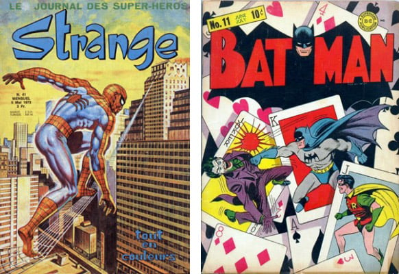 Left: Cover of comic strip magazine Strange may 1973 with Spider Man / Photo © PVDE Right: Batman, Front Cover of 'Detective Comics', July 1940 (colour litho), American School, (20th century) / Photo © PVDE