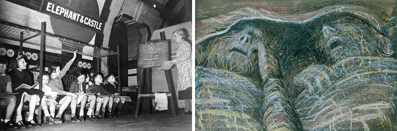Left: Miss Potter teaching children in a maths lesson in Elephant and Castle Underground Station as they shelter during an air raid over London, March 1941. / London, UK / © Mirrorpix Right: Two Sleepers, 1941 (chalk, w/c & wax crayon) by Henry Spencer Moore, Pallant House Gallery, © The Henry Moore Foundation. All Rights Reserved, DACS 2017