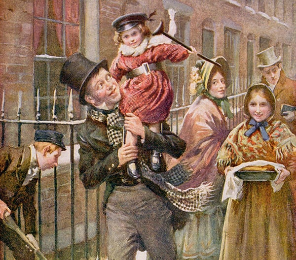 Bob Cratchit and Tiny Tim (detail), illustration for 'Character Sketches from Charles Dickens' (color litho) by Harold Copping / Private Collection