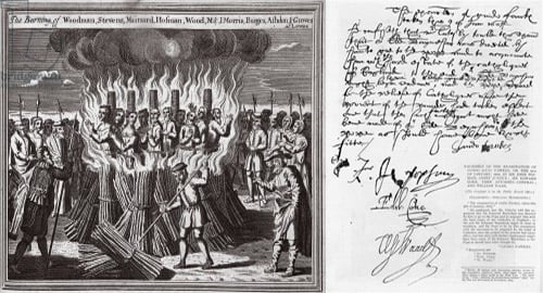 The burning of martyrs at Lewes, c.1703 (litho), English School, (18th century) / Private Collection; Facsimile of the examination of Guy Fawkes with his signature on 9th January 1606 / Private Collection