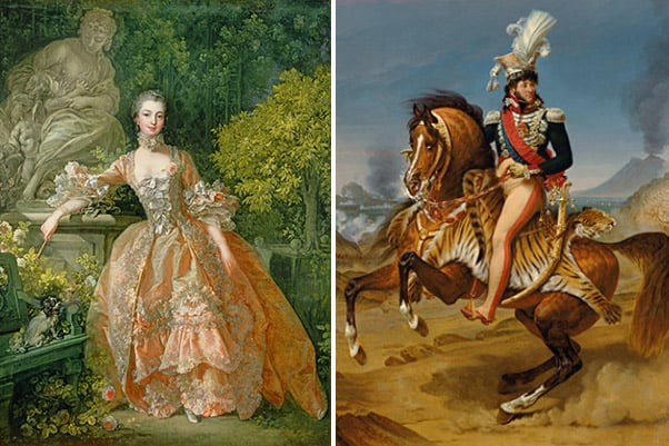 Left: Madame de Pompadour, 1759 by Francis Boucher (1703-70) / © Wallace Collection, London, UK Right: Equestrian Portrait of Joachim Murat (1767-1815) 1812 by Baron Antoine Jean Gros/ Louvre, Paris, France 