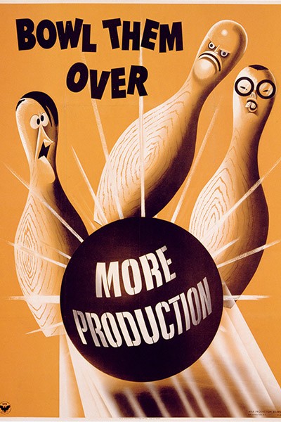 'Bowl Them Over: More Production', War Production Board poster (colour litho), American School, (20th century) / Private Collection / DaTo Images / Bridgeman Images