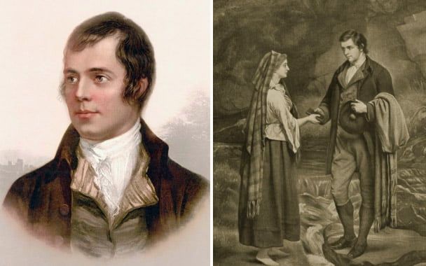Left: Robert Burns, after a 19th century print by Scottish School Right: Betrothal of Robert Burns and Highland Mary, 1785, illustration from 'Hutchinson's Story of the British Nation', c.1923