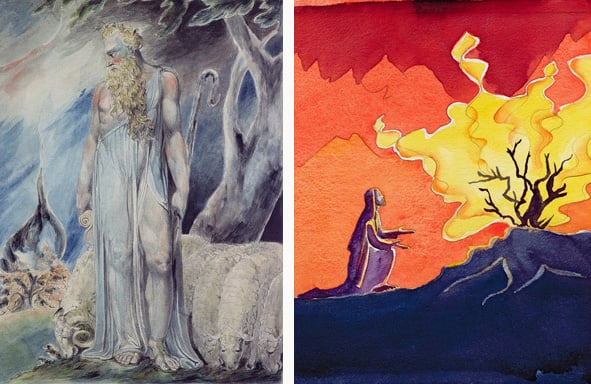 Left: Moses and the Burning Bush, William Blake (1757-1827) / Victoria & Albert Museum, London, UK Right: God speaks to Moses from the burning bush, 2004 (w/c on paper), Elizabeth Wang (Contemporary Artist) 