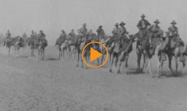 The Imperial Camel Corps crossing the desert during the Sinai and Palestine Campaign, WWI, 1917 / Australian War Memorial / Bridgeman Footage