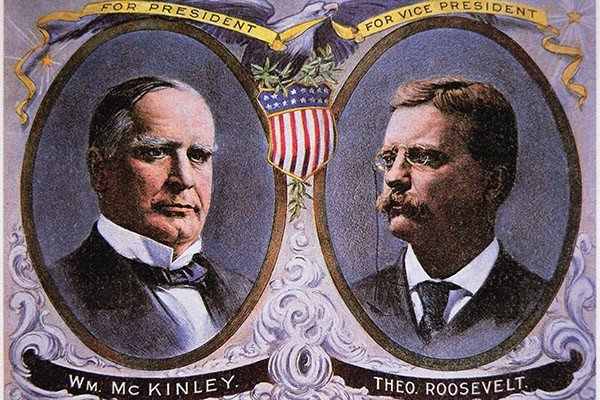  Campaign poster for William Mckinley (1843-1901) as President and Theodore Roosevelt (1858-1919) as Vice-President, 1900 (colour litho), American School, (20th century) / Private Collection / Peter Newark American Pictures / Bridgeman Images