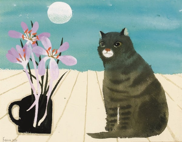 CH876799 Cat by a Full Moon, 1991 (w/c heightened with white on paper) by Mary Fedden, © Christie's Images