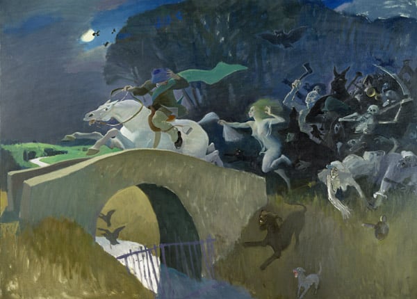 The chase, c.1995 (oil on board) by Alexander Goudie, Private Collection
