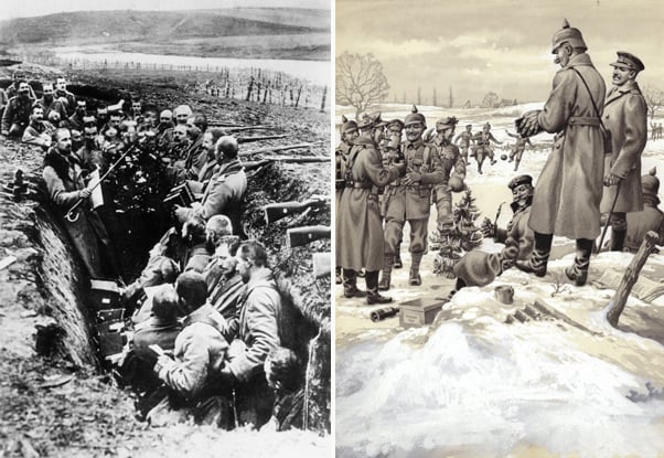 Left: German soldiers celebrating Christmas in the trenches during WWI, 24th December 1914 © SZ Photo Right: The Christmas Day Armistice by Pat Nicolle (1907-95) © Look and Learn