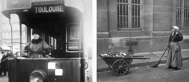 Left: Woman driving a tram in Toulouse during WWI, French Photographer / Bibliotheque Nationale / Archives Charmet Right: City street female sweeper, Paris, 1915, Jacques Moreau (b.1887) / Archives Larousse, Paris, France / Giraudon